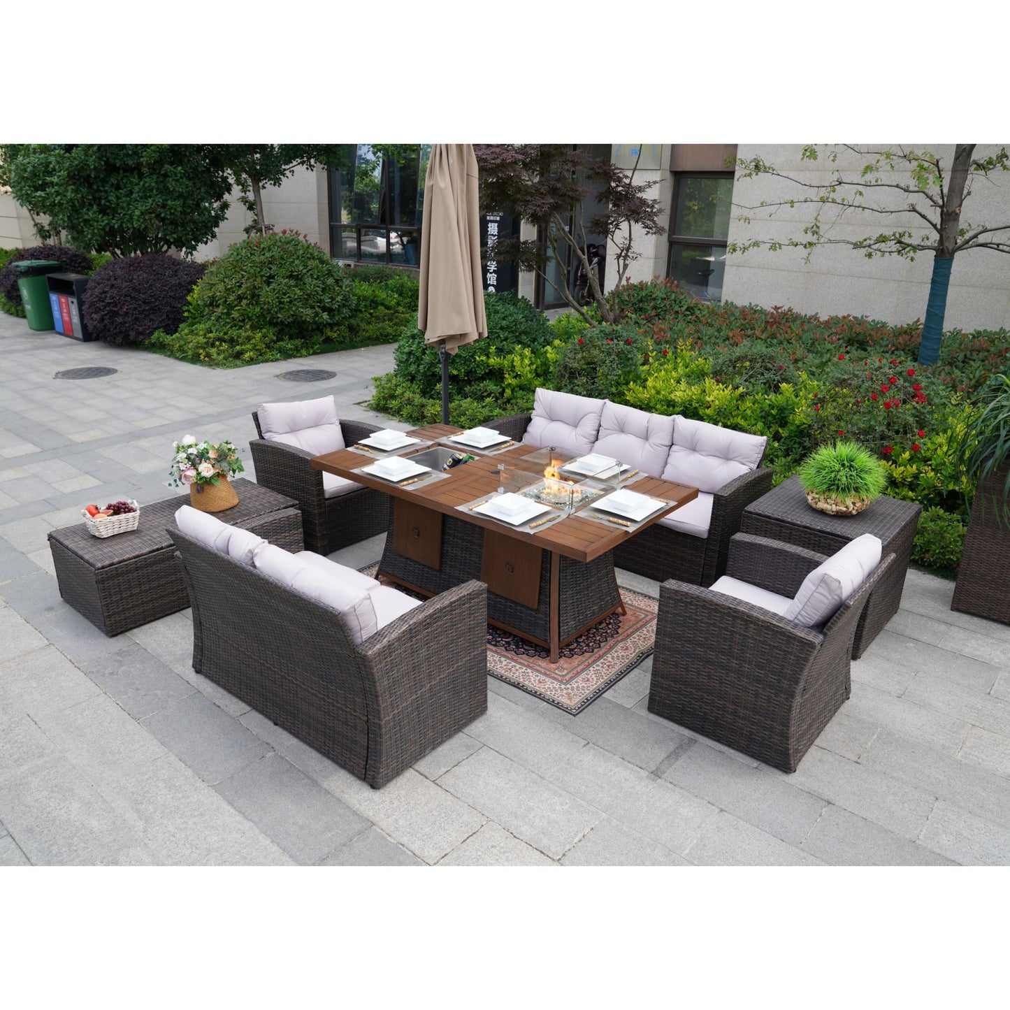 7-Piece Outdoor Patio Furniture Set with Rectangular Fire Pit Table