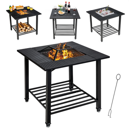 4-in-1 Multifunctional Black, Square Fire Pit Table with Adjustable Grill Grate (31" x 31" x 31")