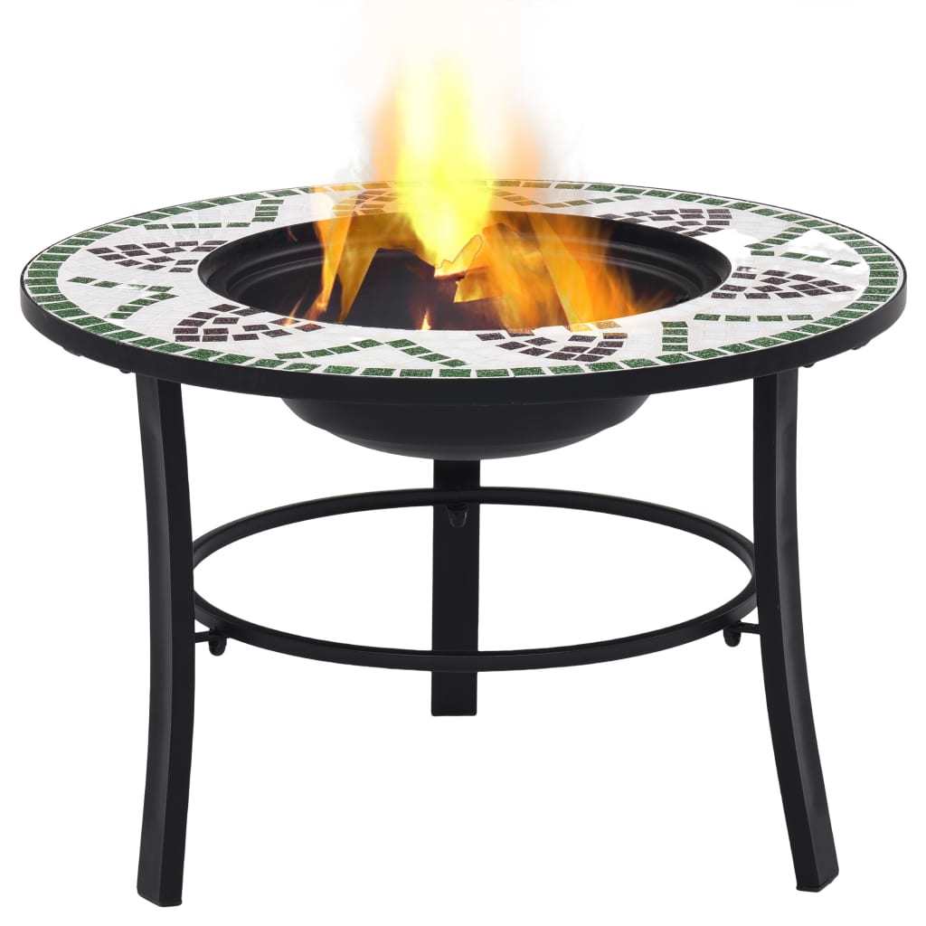 26.8" Green Mosaic Round Fire Pit Table with Ceramic Top, Steel Bowl