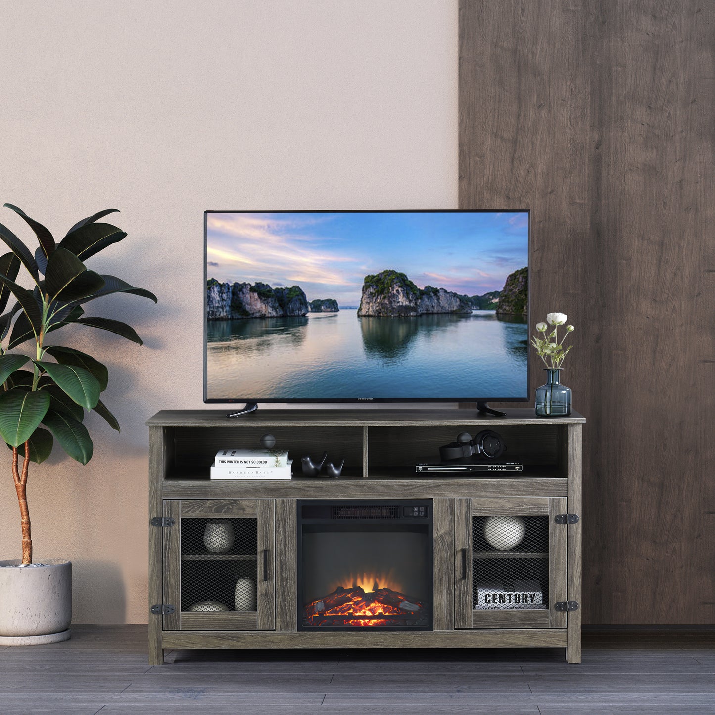 58" Modern Farmhouse TV Stand with Electric Fireplace, Grey