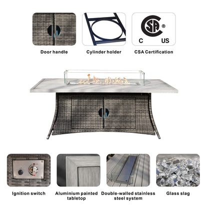 6-Seat Patio Fire Pit Dining Set with Rattan Chairs and Rectangular Aluminum Table