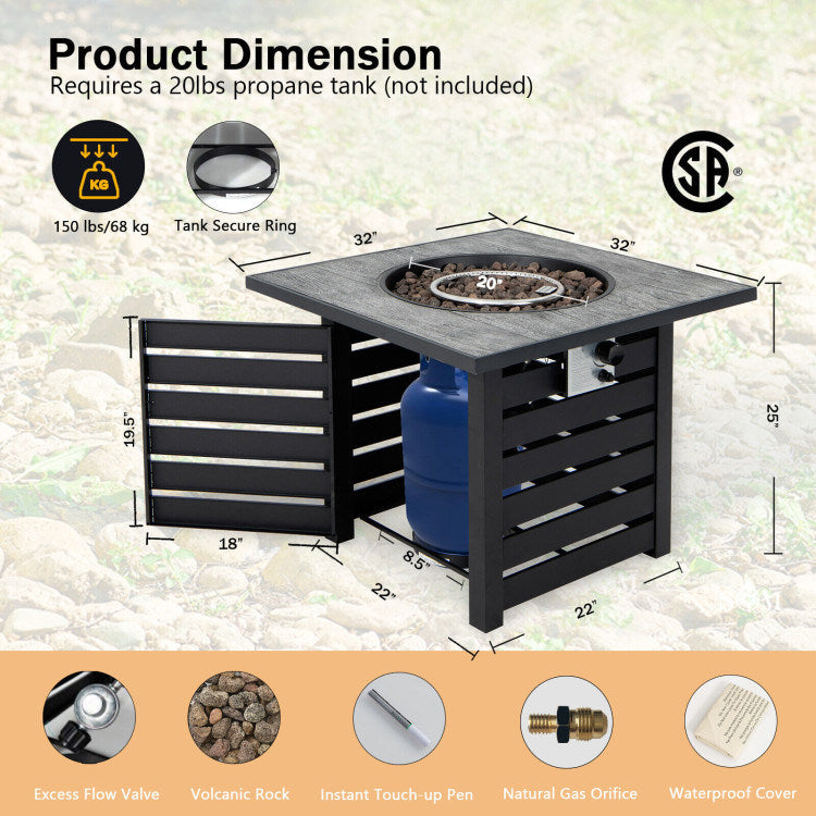 Square, Black, Propane Fire Pit Table with Lava Rocks and Rain Cover (32" x 32" x 25")