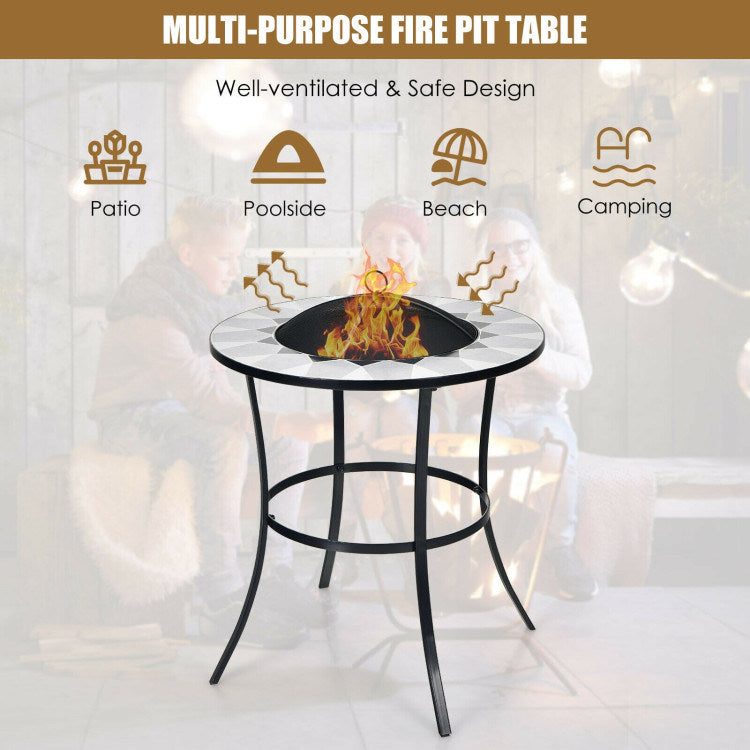 25.5" Multi-Purpose 2-in-1 Round Outdoor Fire Pit Table Black Steel Frame