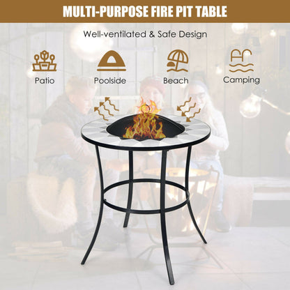 25.5" Multi-Purpose 2-in-1 Round Outdoor Fire Pit Table Black Steel Frame