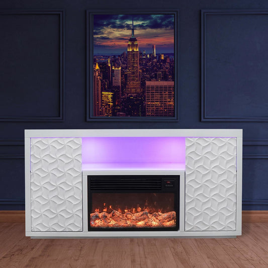 60" Timeless White Electric Fireplace with LED Panel, Speakers, and Remote