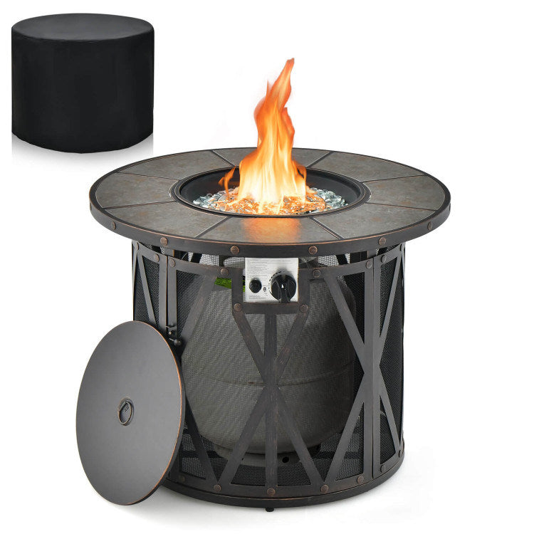 32" 30,000 BTU Round Fire Pit Table with Fire Glass and Ceramic Tile Top