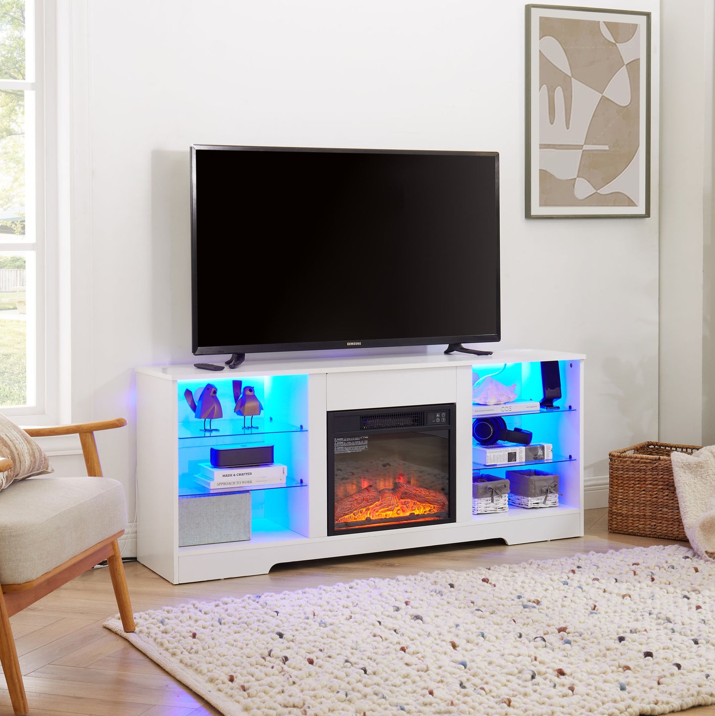 58" Electric Fireplace Center with Glass Shelves, 3D Fireplace with LED Lights, USB Charging, for TV up to 62", White