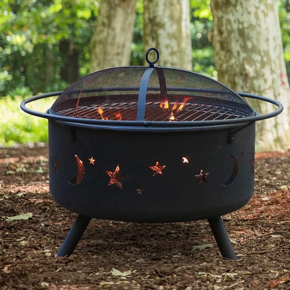 32" Outdoor Wood Burning Cooking Fire Pit with Spark Screen & Cover, Black