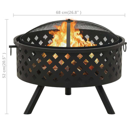 26.8" Decorative XXL Steel Fire Pit with Poker (26.8" x 26.8" x 20.5"), Black