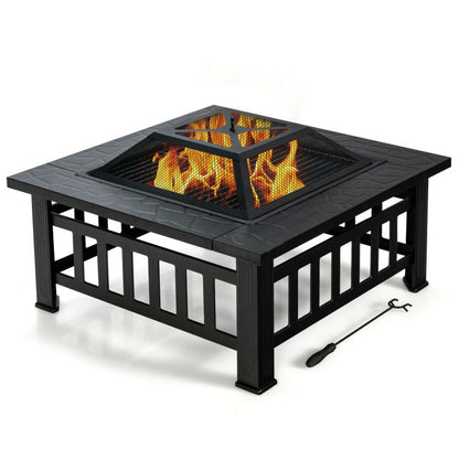 3 in 1 Outdoor Square Fire Pit Table with BBQ Grill and Rain Cover for Camping (32" x 32" x 19.5")