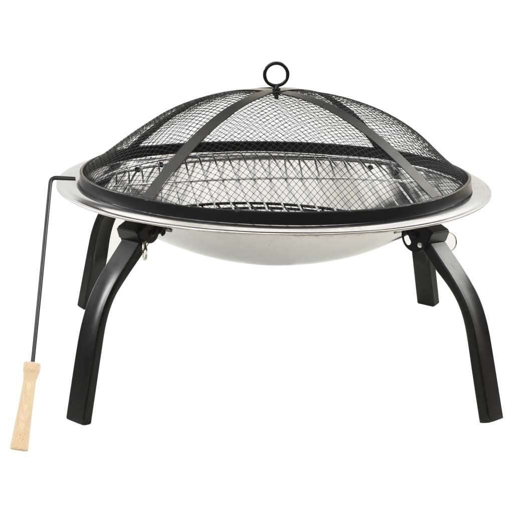 22" 2-in-1 Cooking Fire Pit with Mesh Cover & Grill, Silver