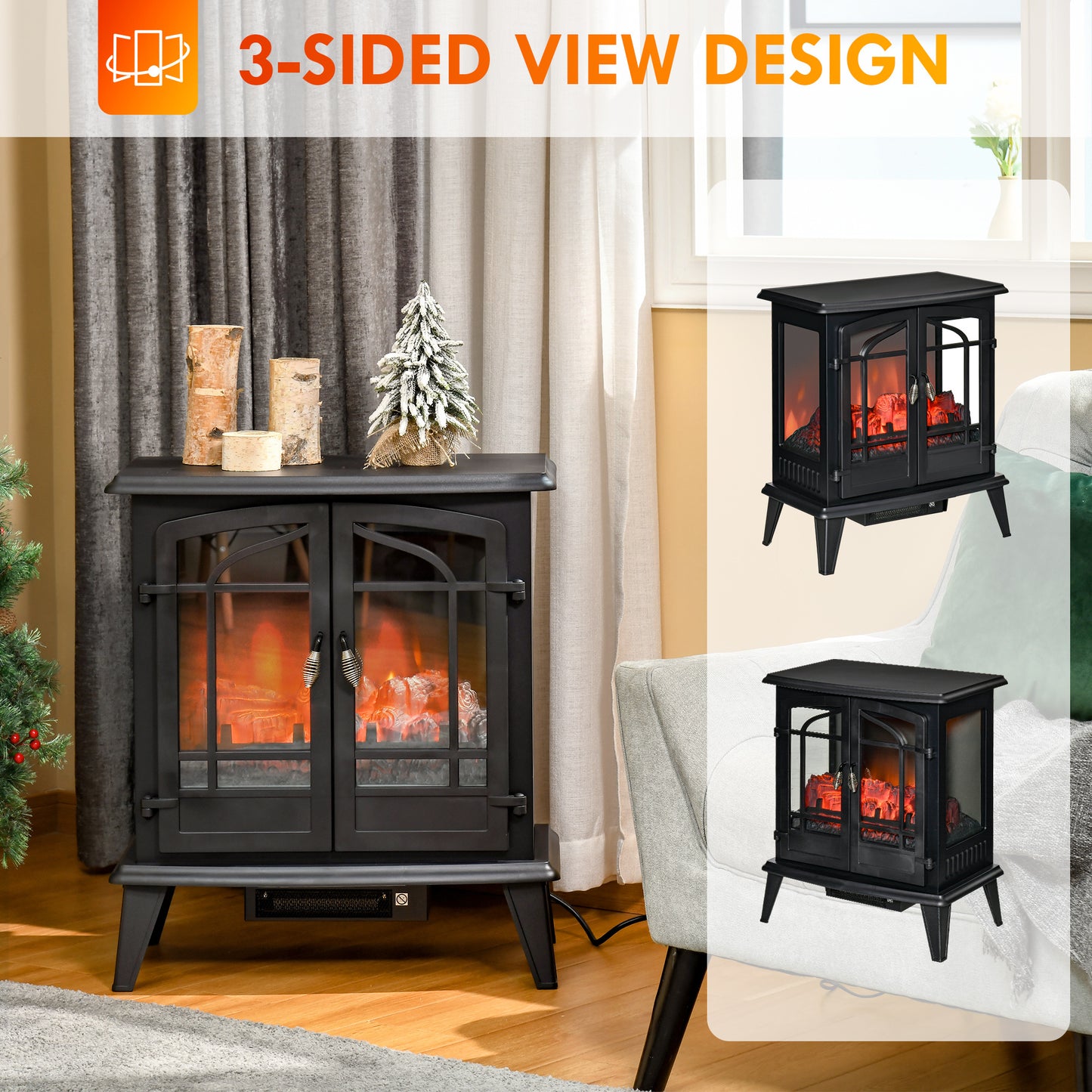 29" Electric Fireplace Heater, Freestanding Stove with Realistic LED Log Flames, Black