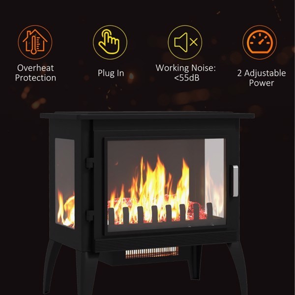 24" Electric Fireplace Stove, Freestanding Fireplace Heater with Realistic Flame, Adjustable Temperature, Black