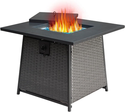 Square Propane Fire Pit Table with Blue Glass Rocks, 50,000 BTU, Wicker, Dark Gray (31.89" x 31.89" x 24.41")