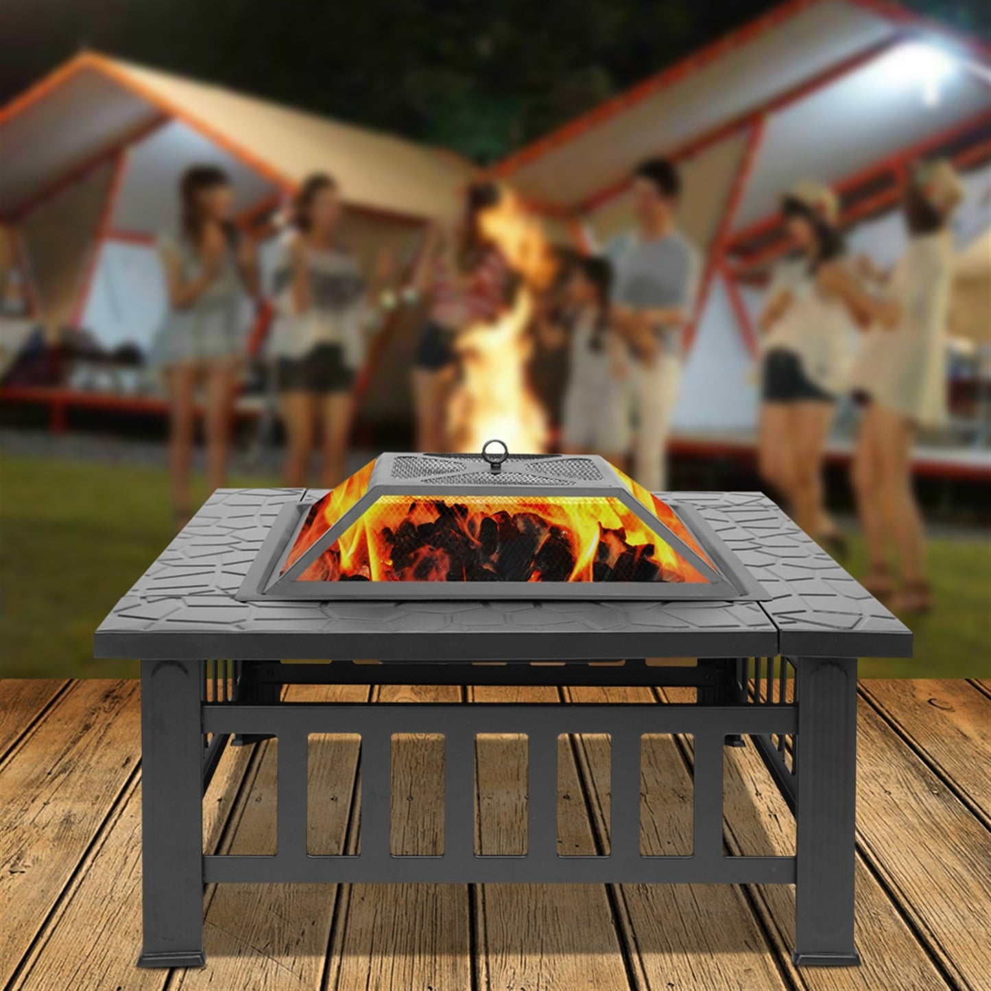 Square, Black, Courtyard Metal Fire Pit Table with Accessories (32" x 32" x 17")