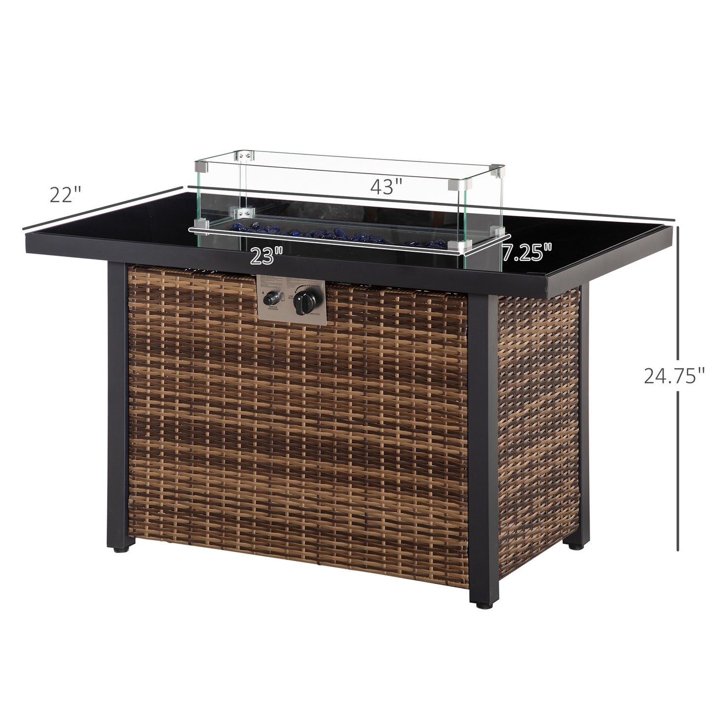 Outdoor Propane Gas Fire Pit Table, 50,000 BTU Auto-Ignition Wicker Gas Firepit with Glass Wind Guard, Brown (43" L x 22" W x 24.75" H)