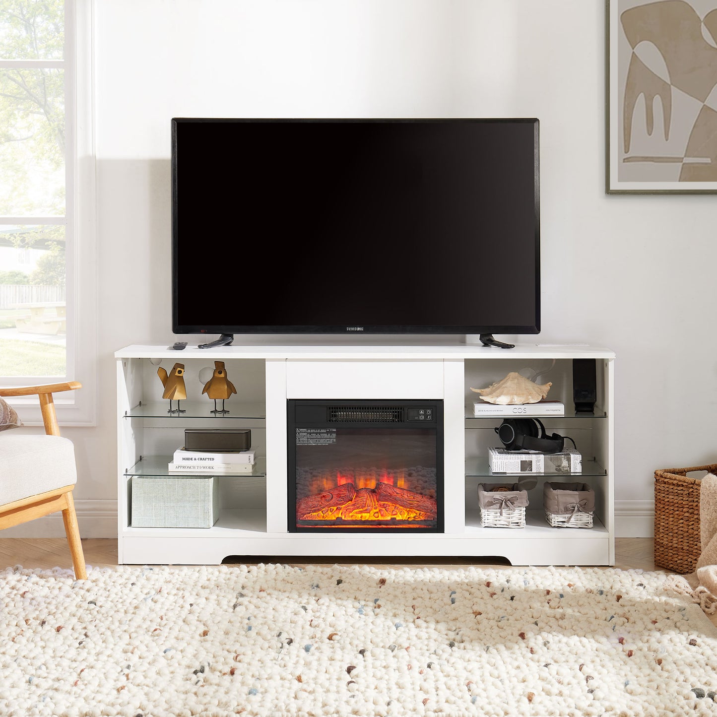 58" Electric Fireplace Center with Glass Shelves, 3D Fireplace with LED Lights, USB Charging, for TV up to 62", White