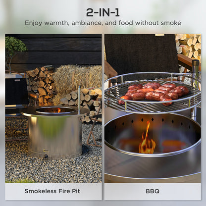 2-in-1 Smokeless Fire Pit & BBQ Grill, 25" Portable Firepit (25" Dia x 15.7" H), Silver