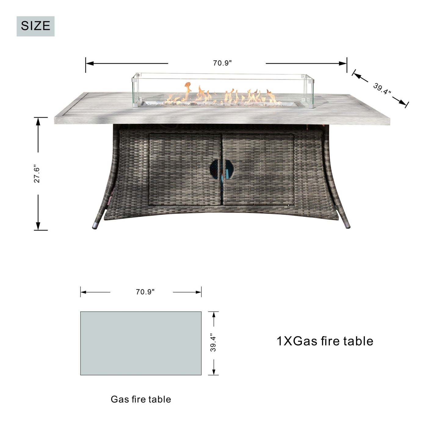 6-Seat Patio Fire Pit Dining Set with Rattan Chairs and Rectangular Aluminum Table