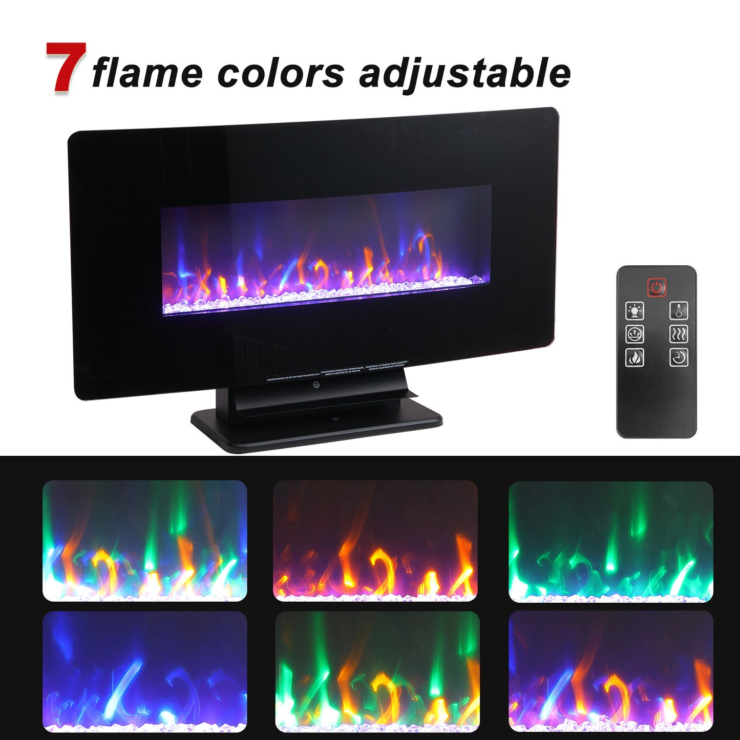 36" Curved Front Electric Fireplace, Freestanding or Wall Mounted with Adjustable Flame Color & Remote Control