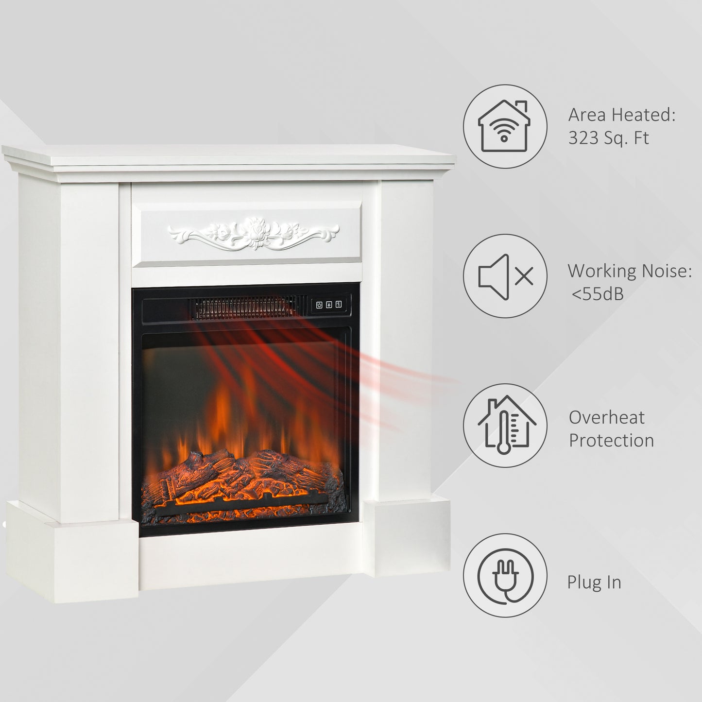 32" Electric Fireplace with Mantel, Freestanding Heater, White