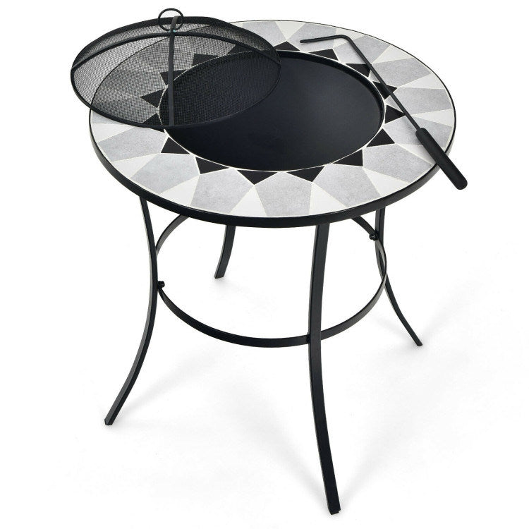 25.5" Multi-Purpose 2-in-1 Round Outdoor Fire Pit Table Black Steel Frame