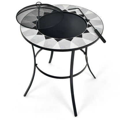 25.5" Multi-Purpose 2-in-1 Round Outdoor Fire Pit Table Black Steel Frame