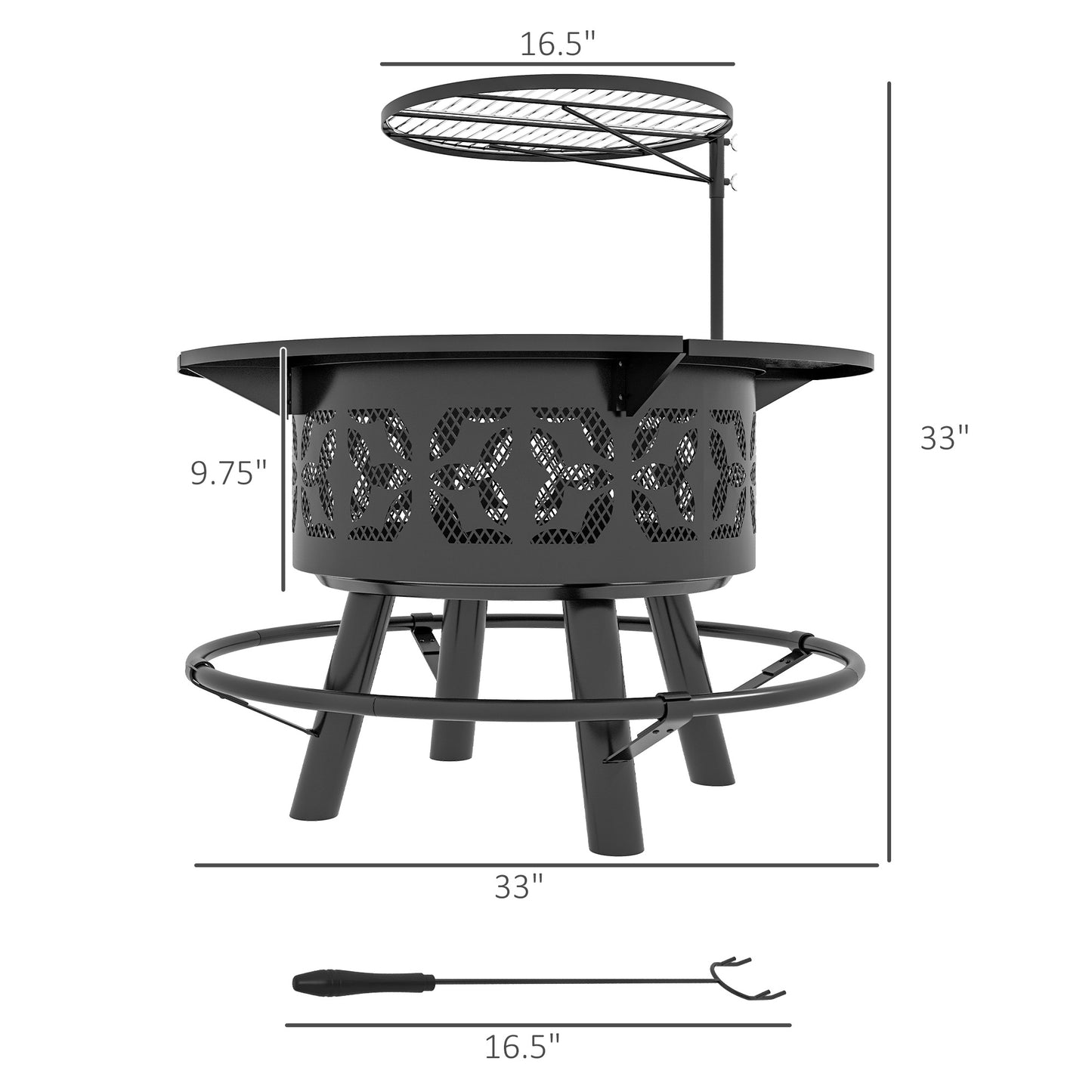 33" Multifunctional Cooking Fire Pit with Adjustable Grill Grate, Black