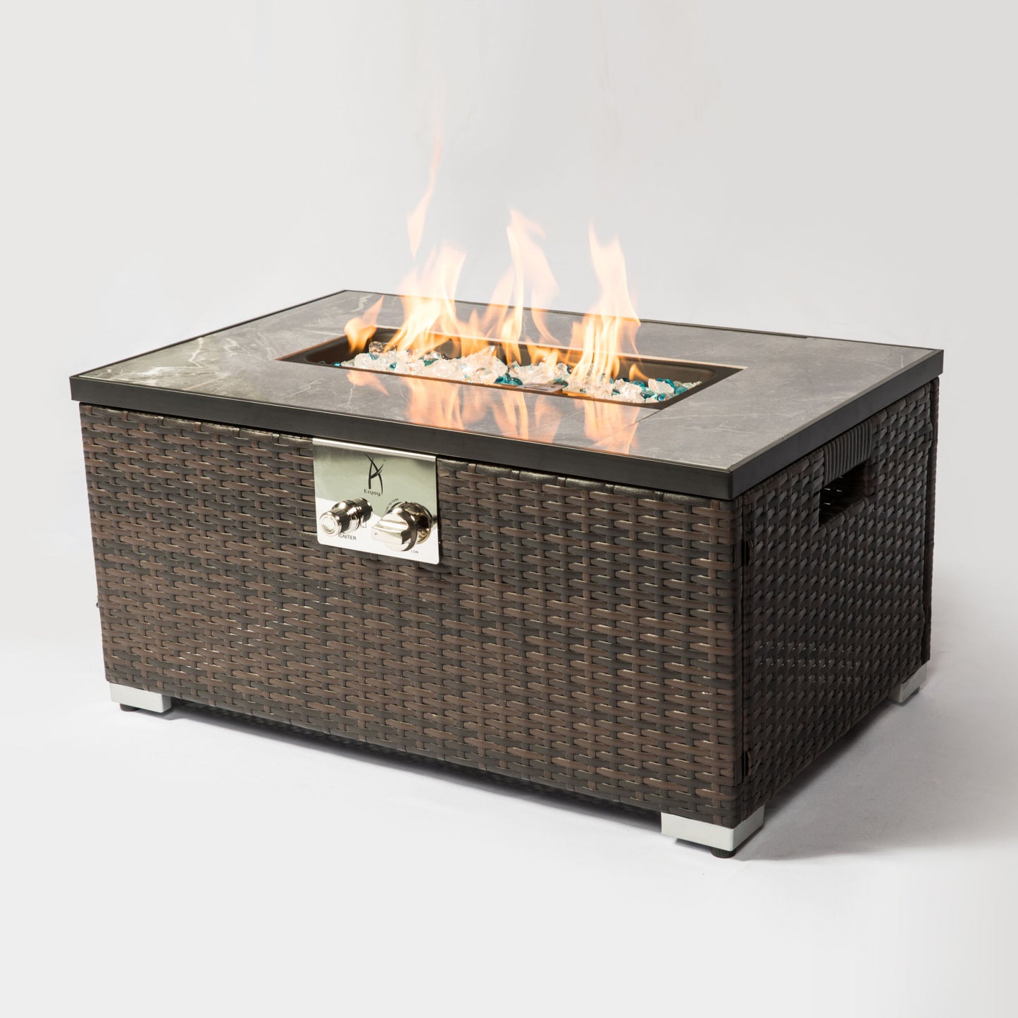 Outdoor Rectangle Brown Wicker Fire Pit Table with Ceramic Tile Top + Matching Propane Tank Cover, 40,000 BTU, (32" W x 20" D x 15" H)