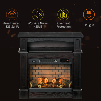 32" Electric Fireplace with Mantel, Freestanding Heater with LED Log Flame, Shelf and Remote Control, 700W/1400W, Brown