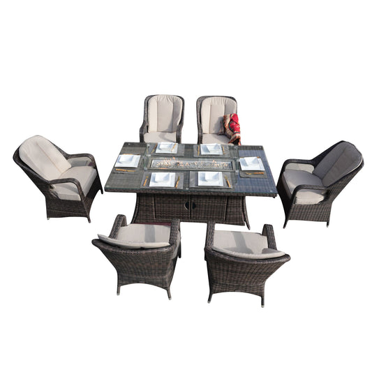 7-Piece Wicker Gas Fire Pit Set with Rectangular Table & Arm Chairs