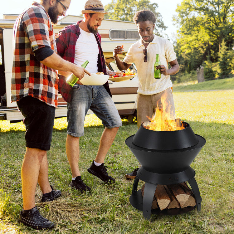 3-in-1 Efficient Cooking Fire Pit with Mesh Cover & Grill (23.2" x 23.2" x 23.6"), Black