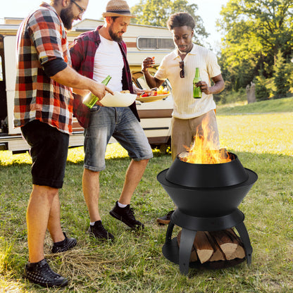 3-in-1 Efficient Cooking Fire Pit with Mesh Cover & Grill (23.2" x 23.2" x 23.6"), Black