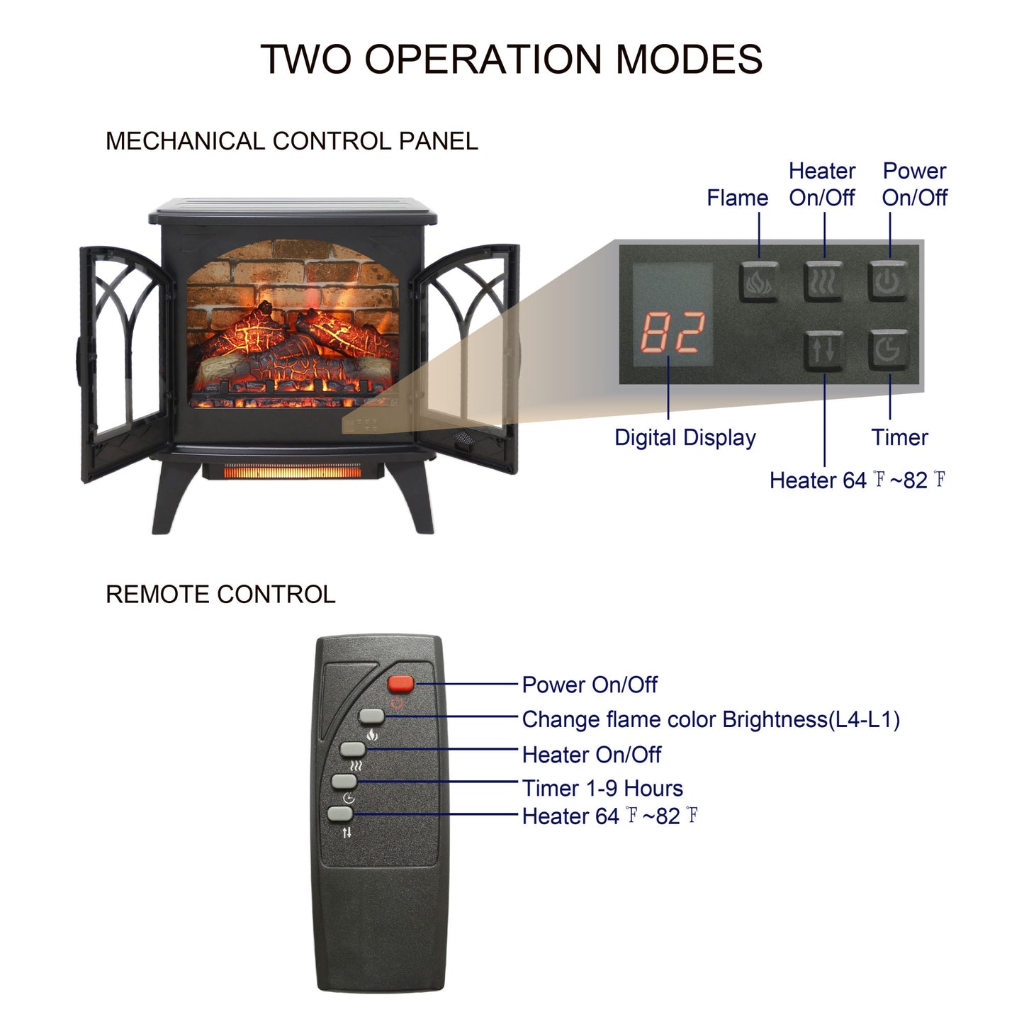 24" 3D Flame Electric Infrared Quartz Fireplace Stove with Remote Control