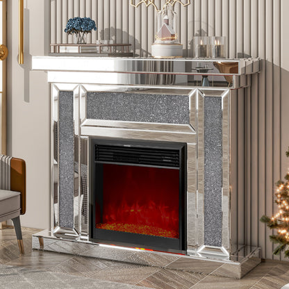 47" Mirrored Electric Fireplace with 7 Colors Adjustable 3D Flame, Mantel, and Remote Control, Silver