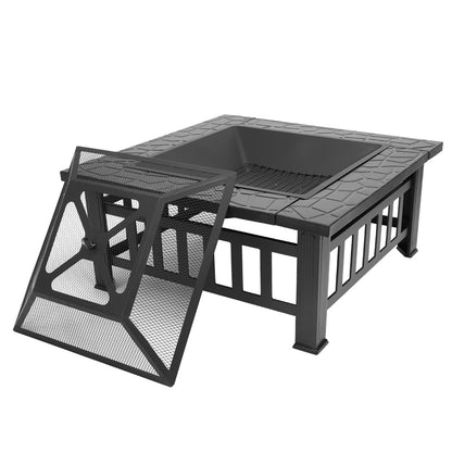 Square, Black, Courtyard Metal Fire Pit Table with Accessories (32" x 32" x 17")