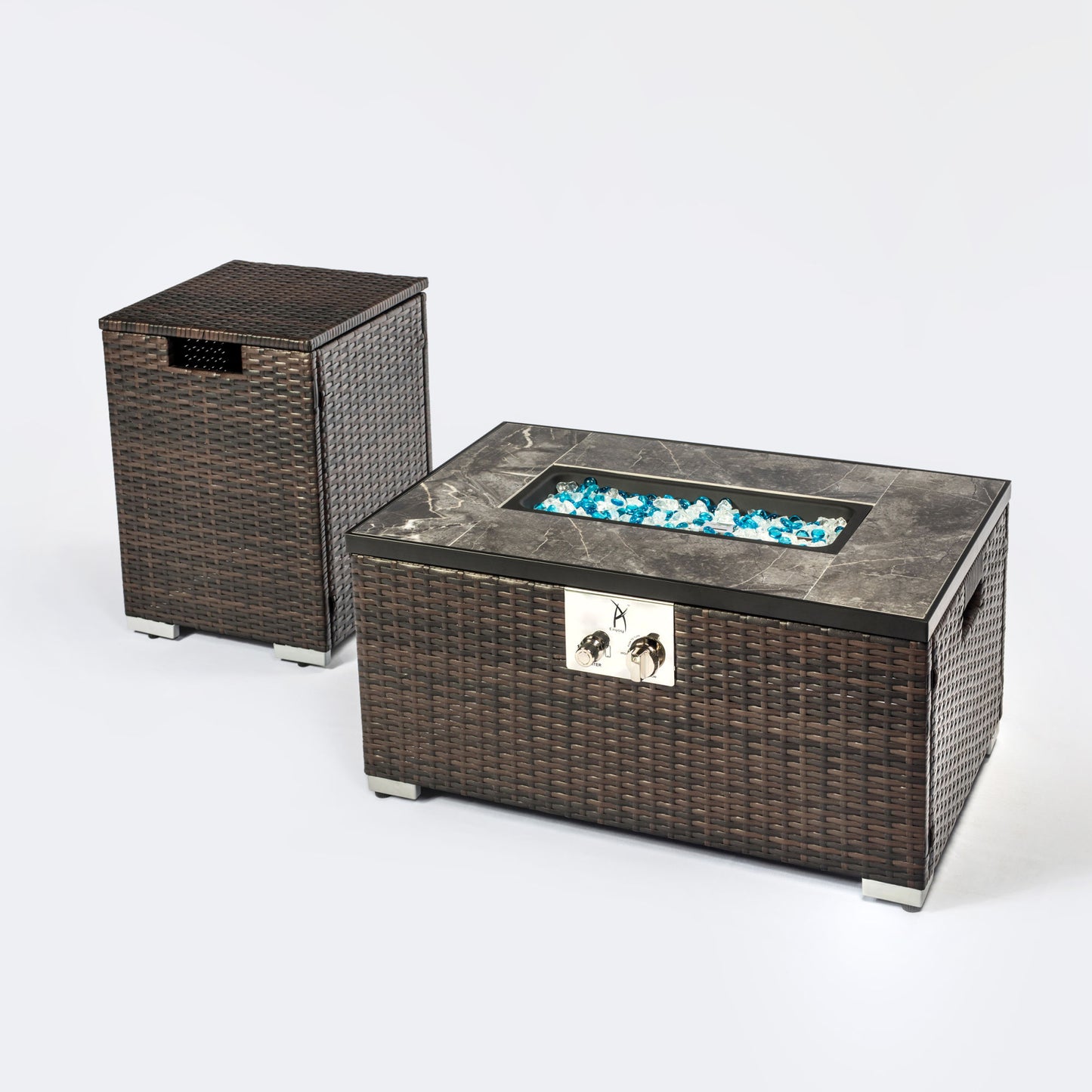 Outdoor Rectangle Brown Wicker Fire Pit Table with Ceramic Tile Top + Matching Propane Tank Cover, 40,000 BTU, (32" W x 20" D x 15" H)