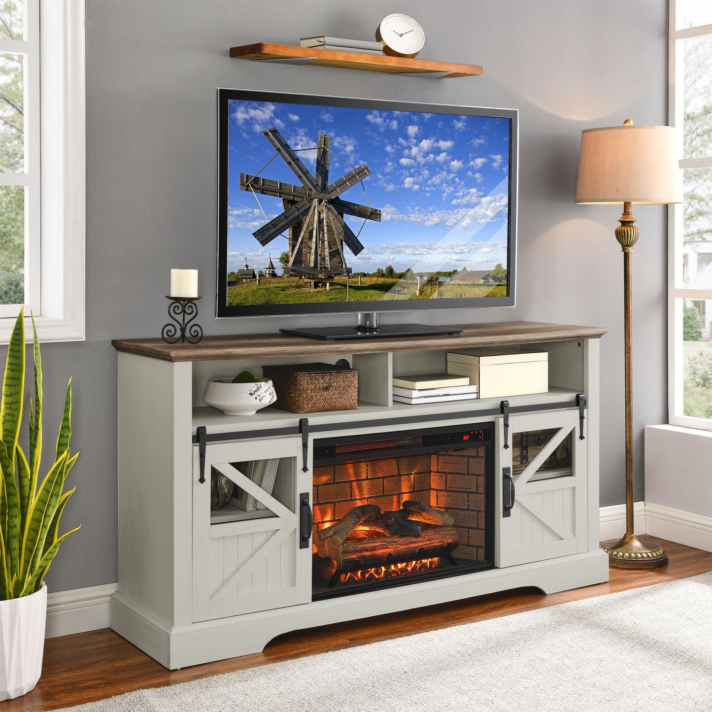 60" Electric Fireplace Entertainment Center with Door Sensor, Jasmine White