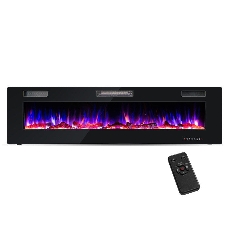 68" Ultra-Thin Electric Fireplace Recessed Wall Mounted with Crystal Log Decoration