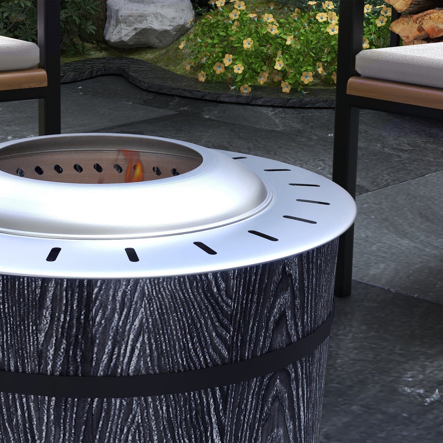 Smokeless Fire Pit with Fireproof Mat, 20" Barrel Style Firepit (20.5" Dia x 15.25" H), Black/Grey