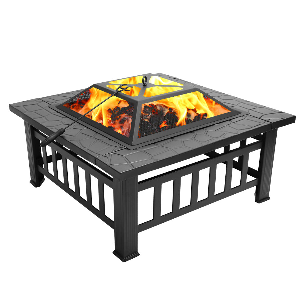 Square Metal Fire Pit Table, Outdoor Heating & Fireplace, Black (32" x 32" x 14")