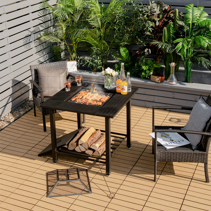 4-in-1 Multifunctional Black, Square Fire Pit Table with Adjustable Grill Grate (31" x 31" x 31")