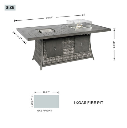 7 Piece Patio Gas Firepit and Ice Container Rectangle Dining Set with 6 Standard Height Chairs