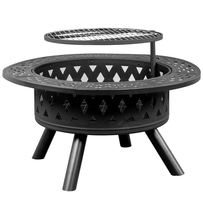 38" Multi-Functional Outdoor Fire Pit with Adjustable Cooking Grates, Black Steel