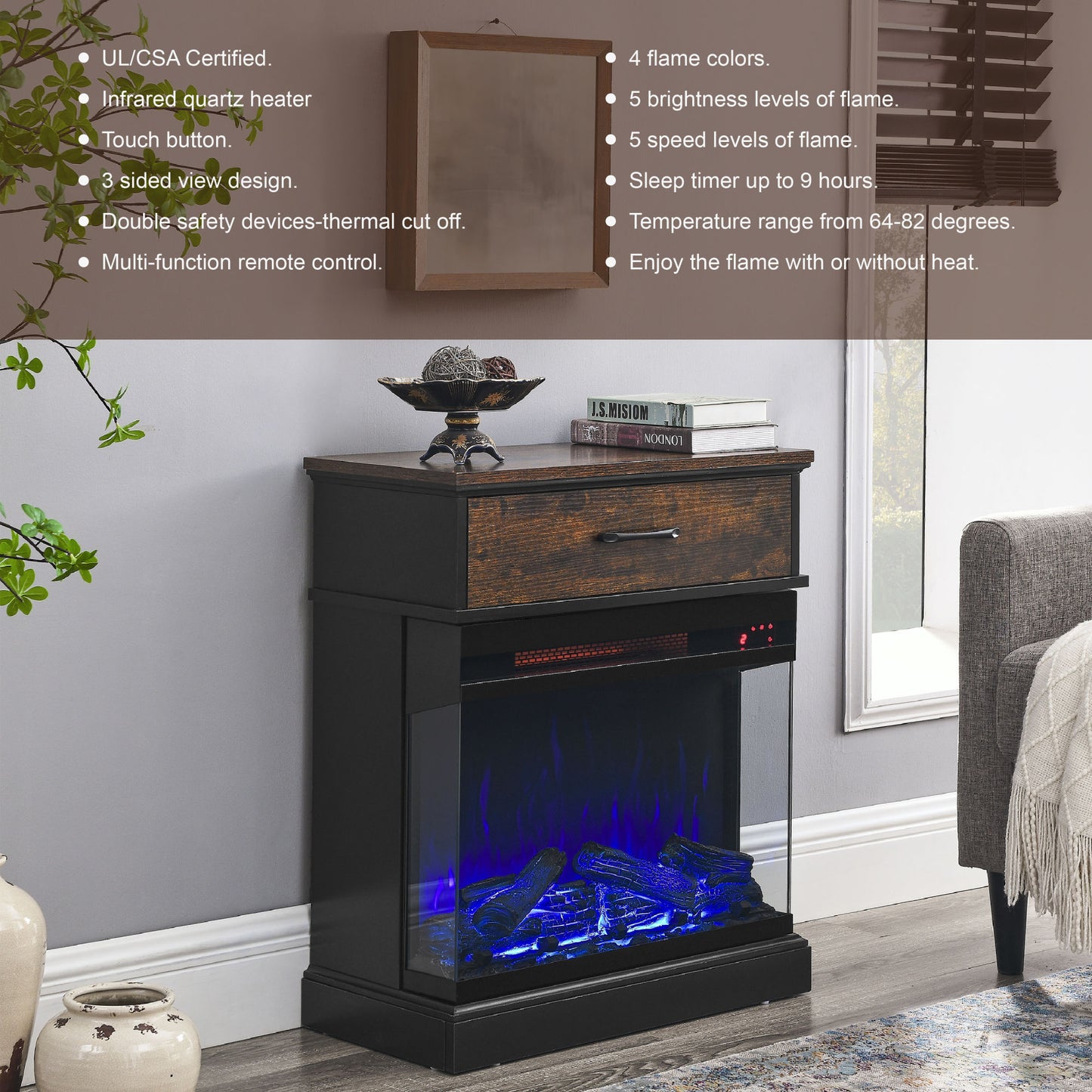 25" Stand Side Table with 3-Sided Glass Electric Fireplace