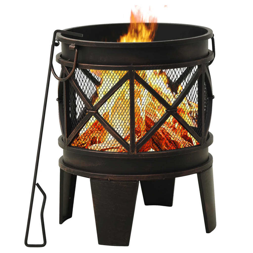 16.5" Rustic Steel Fire Pit with Poker (16.5" x 21.3"), Black/Brown