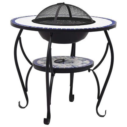 26.8" Blue and White Round Mosaic Fire Pit Table with Ceramic Top, Steel Bowl