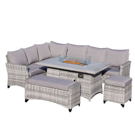 5-Piece Gray Wicker Fire Pit Table and Sofa Set and Ottoman